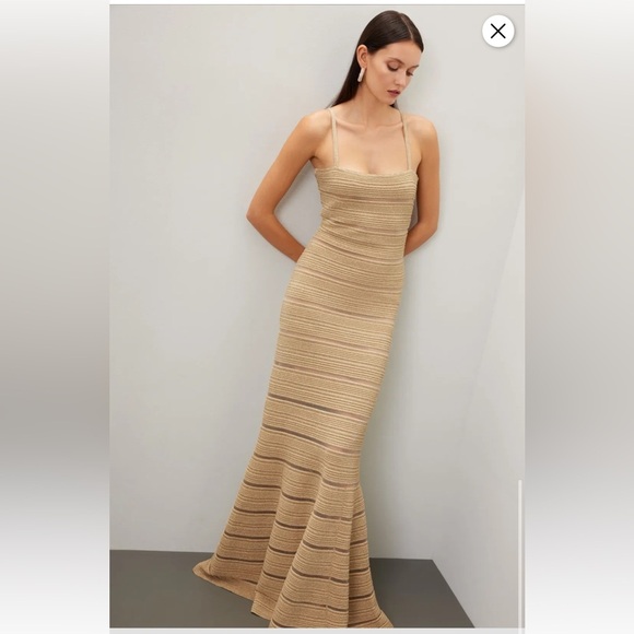 Herve Leger Bandage Metallic Striped Trumpet Gown Gold - Picture 3 of 13